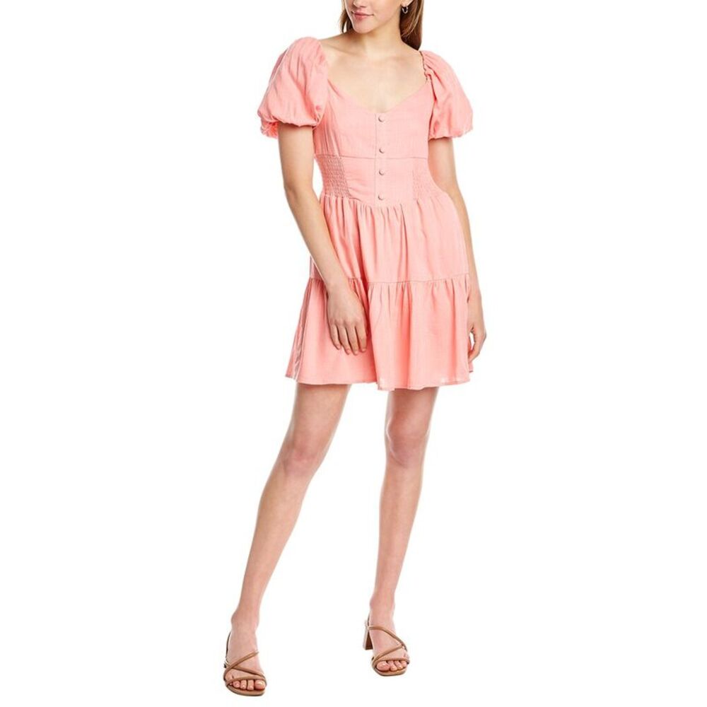 Dnt Womens  Smocked Linen-Blend Mini Dress, Pink